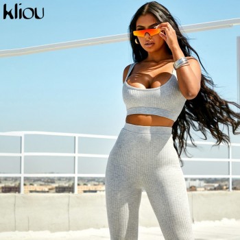 Kliou women fitness tracksuit 2 pieces set slim crop top + padded sporting leggings active wear outfits skinny stretch outwear